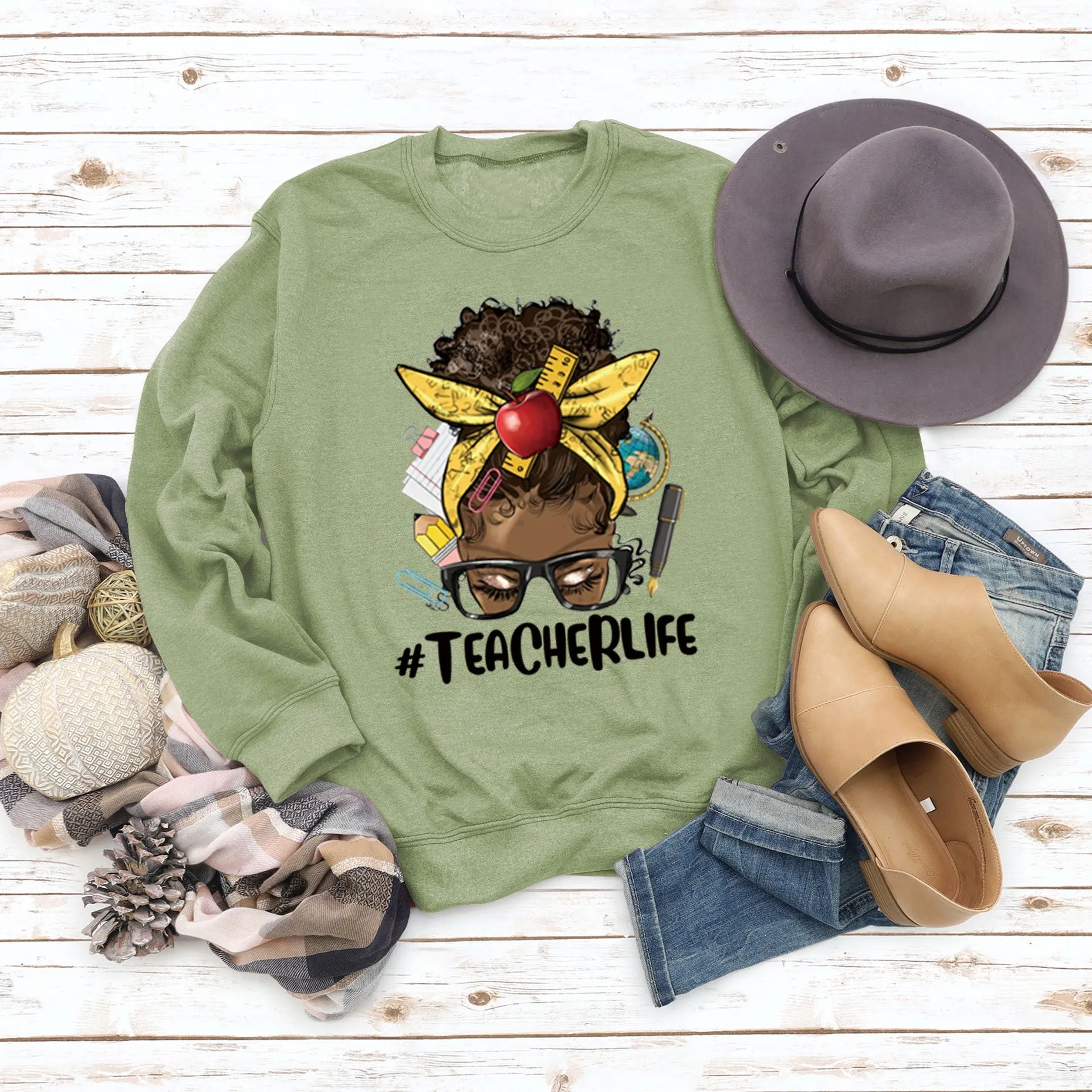 Teacherlife Apple Letter Print Loose Long Sleeve Sweater Girl