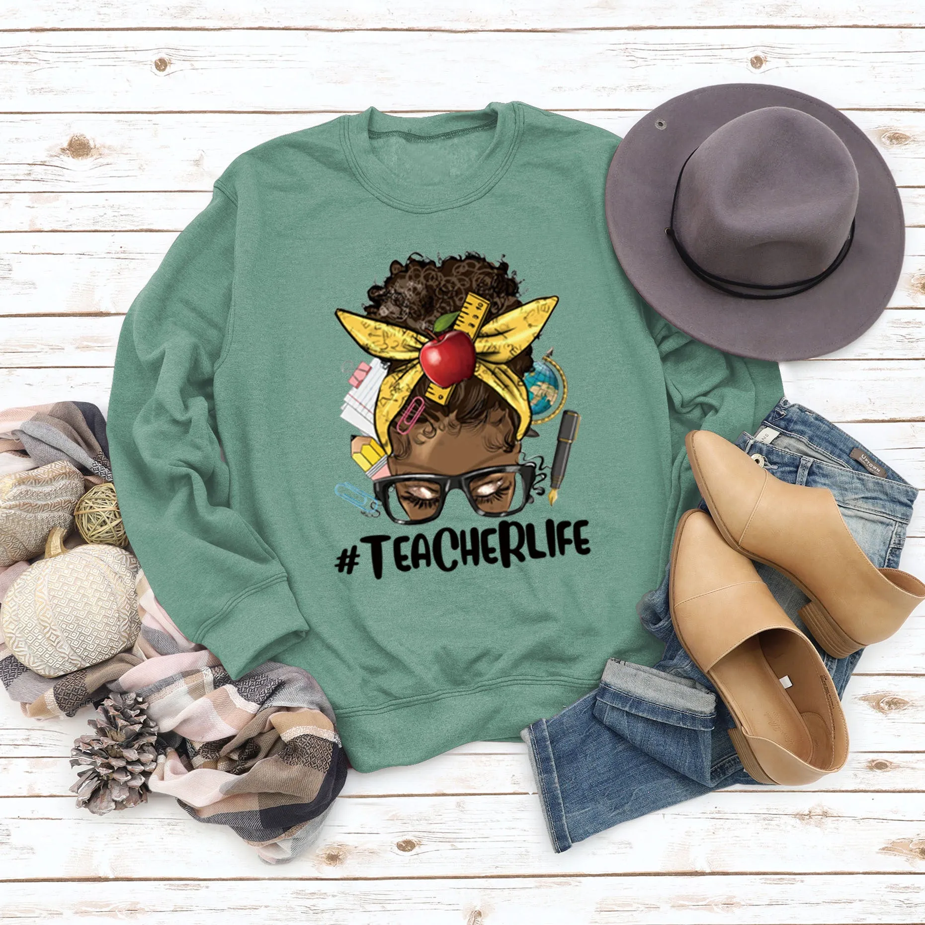 Teacherlife Apple Letter Print Loose Long Sleeve Sweater Girl