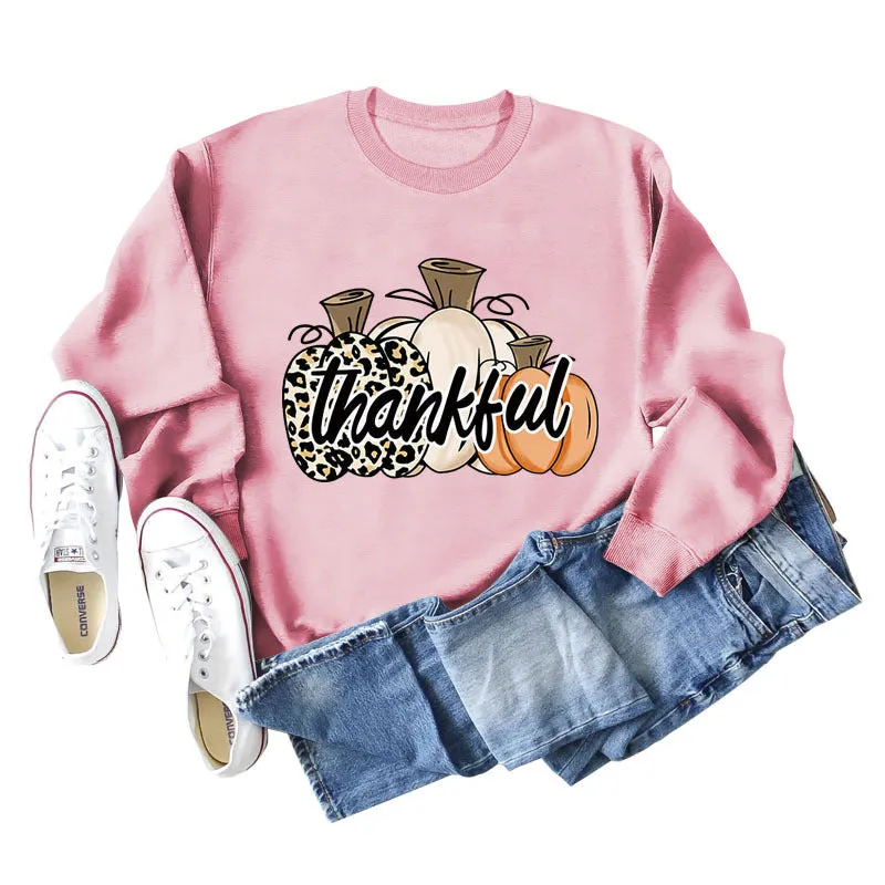 Thankful Pumpkin Leopard Print Letters Halloween Print Round Neck Long Sleeve Women's Sweatshirt