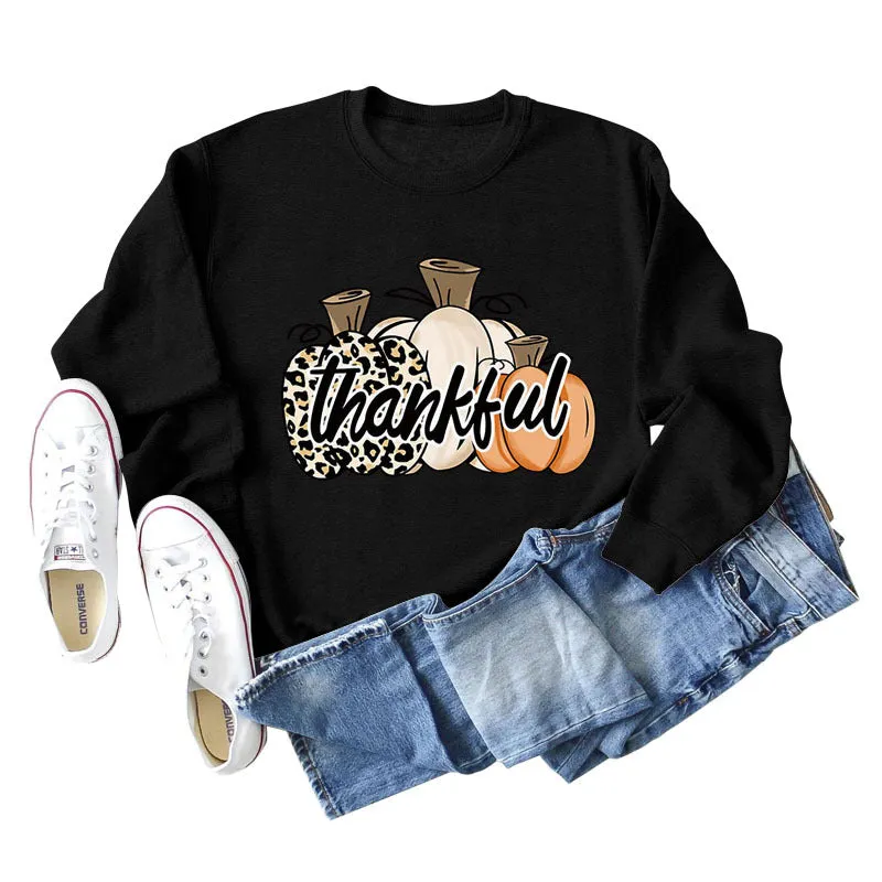 Thankful Pumpkin Leopard Print Letters Halloween Print Round Neck Long Sleeve Women's Sweatshirt