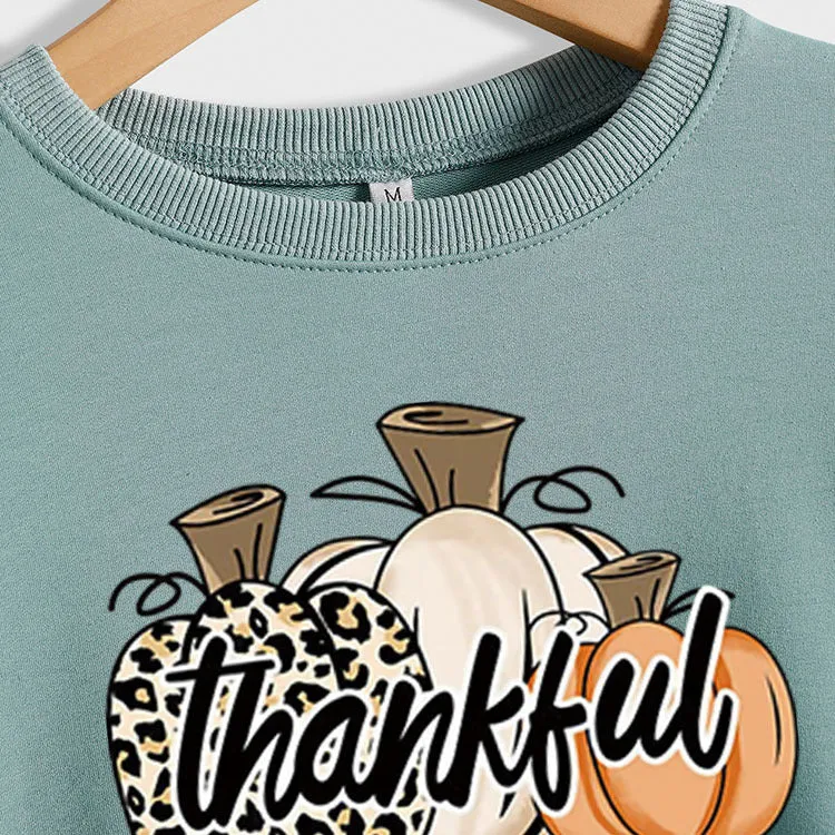 Thankful Pumpkin Leopard Print Letters Halloween Print Round Neck Long Sleeve Women's Sweatshirt