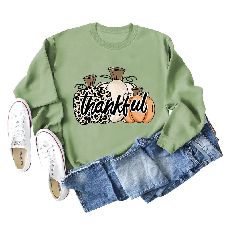 Thankful Pumpkin Leopard Print Letters Halloween Print Round Neck Long Sleeve Women's Sweatshirt