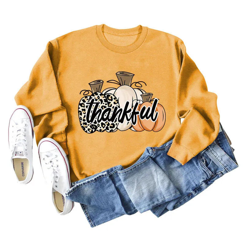 Thankful Pumpkin Leopard Print Letters Halloween Print Round Neck Long Sleeve Women's Sweatshirt