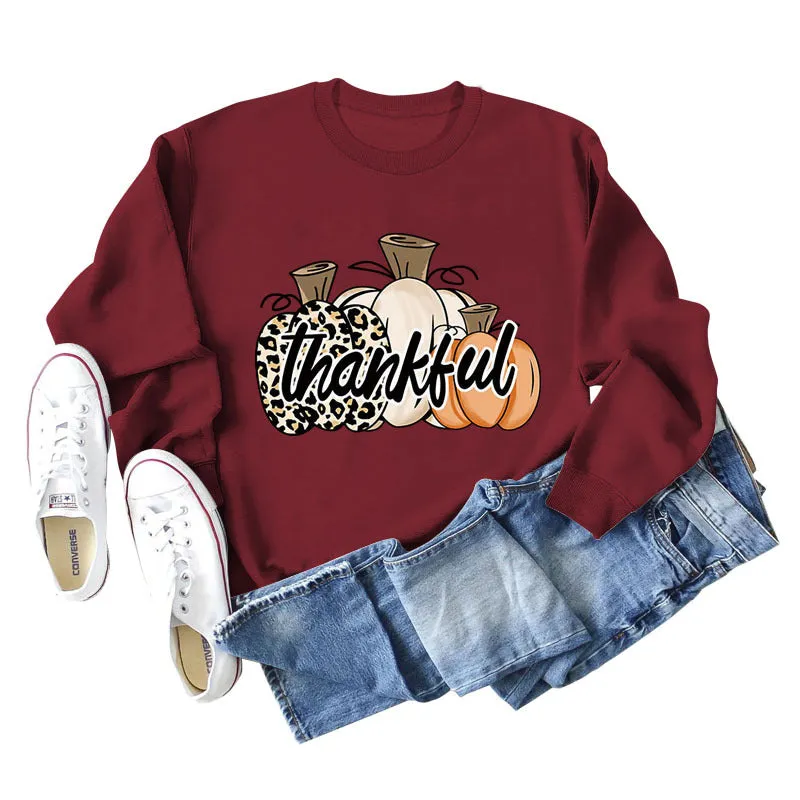 Thankful Pumpkin Leopard Print Letters Halloween Print Round Neck Long Sleeve Women's Sweatshirt