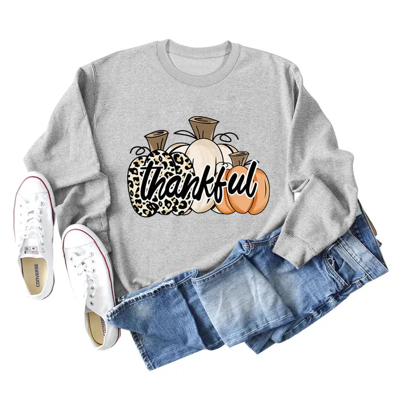 Thankful Pumpkin Leopard Print Letters Halloween Print Round Neck Long Sleeve Women's Sweatshirt