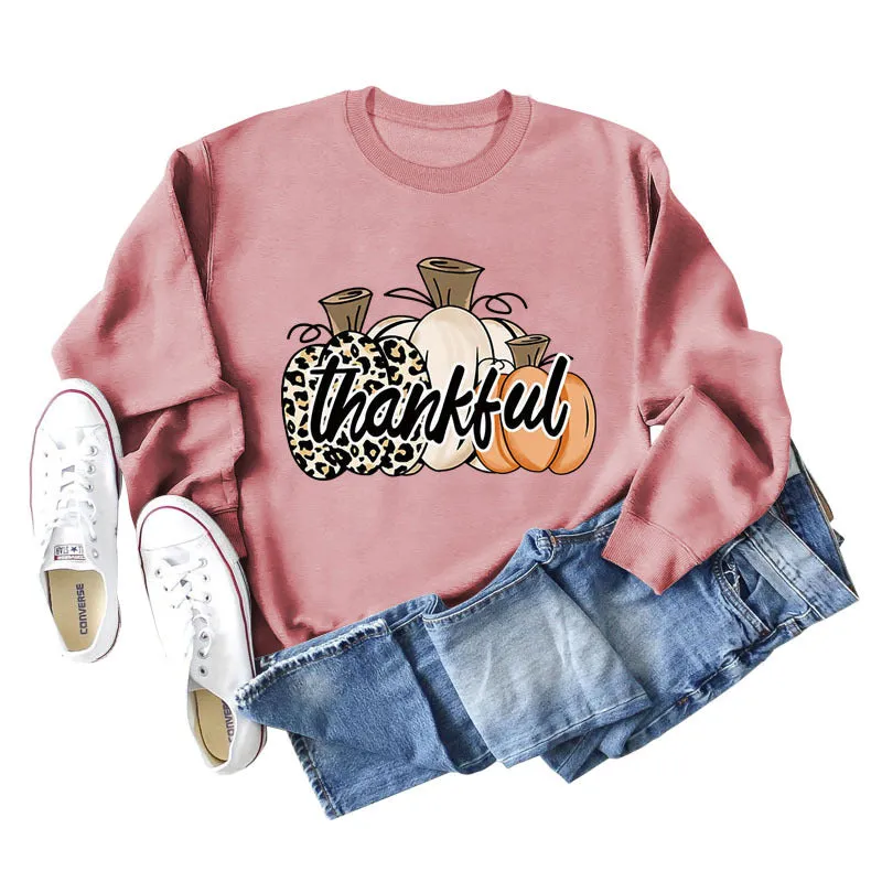 Thankful Pumpkin Leopard Print Letters Halloween Print Round Neck Long Sleeve Women's Sweatshirt