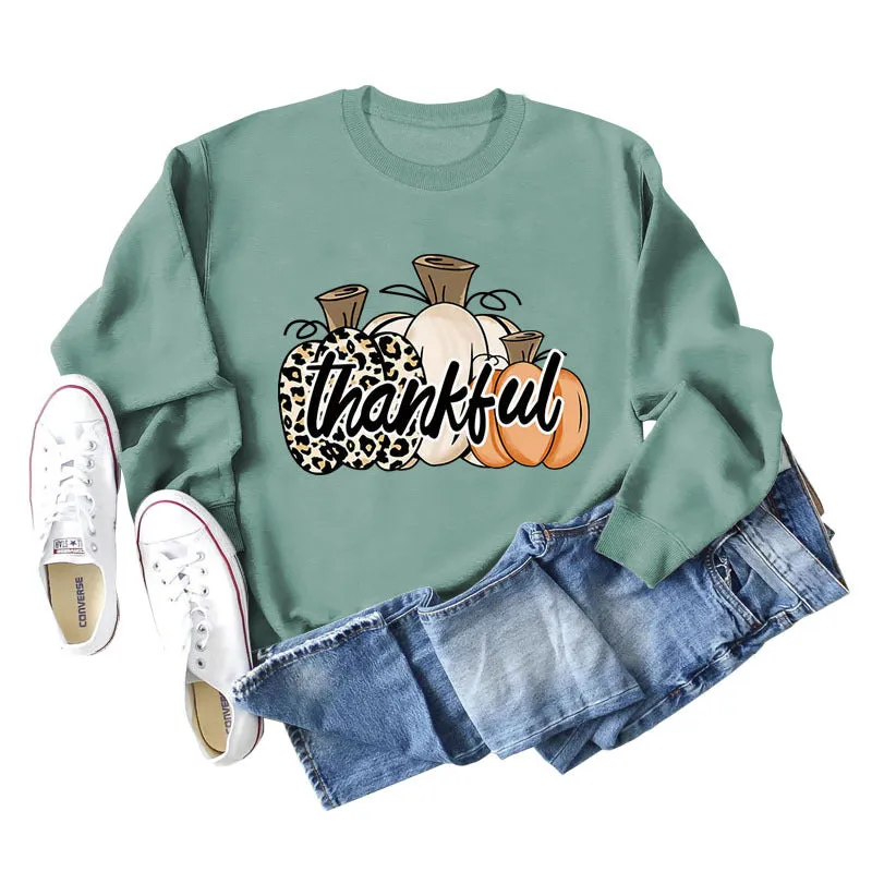Thankful Pumpkin Leopard Print Letters Halloween Print Round Neck Long Sleeve Women's Sweatshirt