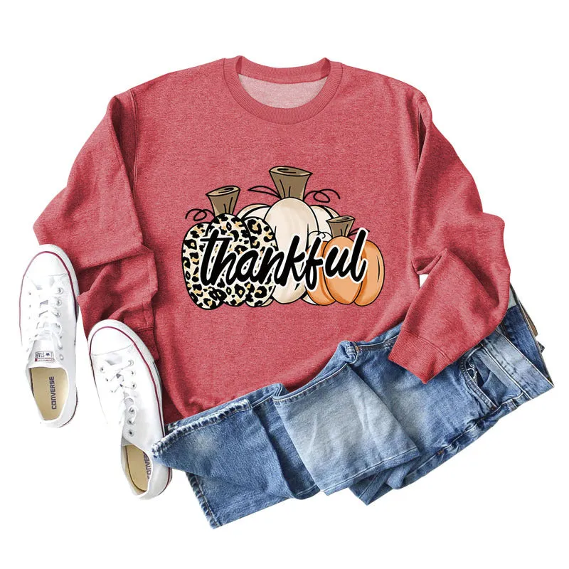 Thankful Pumpkin Leopard Print Letters Halloween Print Round Neck Long Sleeve Women's Sweatshirt