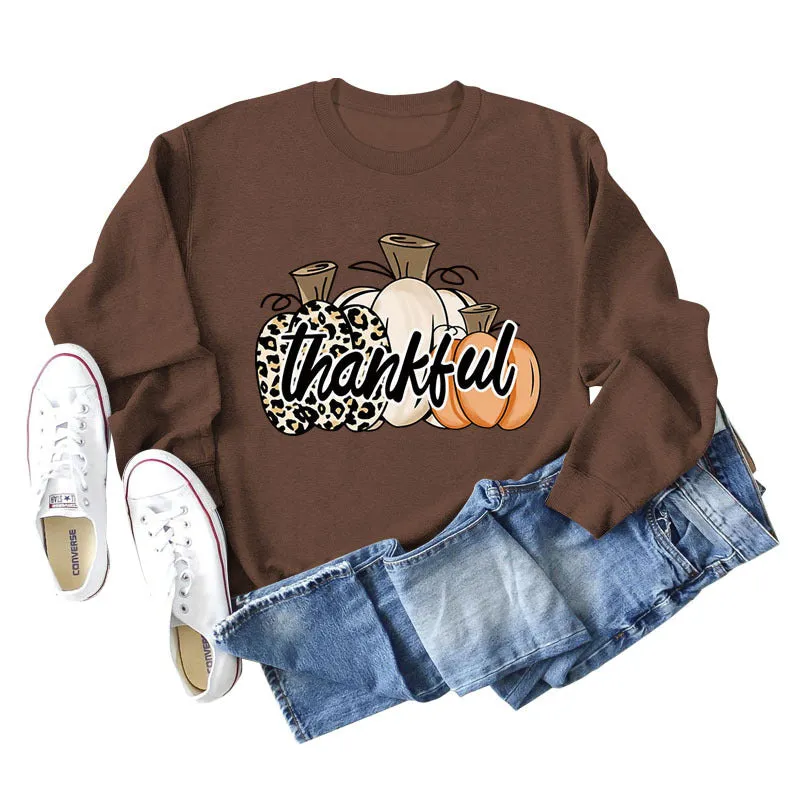 Thankful Pumpkin Leopard Print Letters Halloween Print Round Neck Long Sleeve Women's Sweatshirt