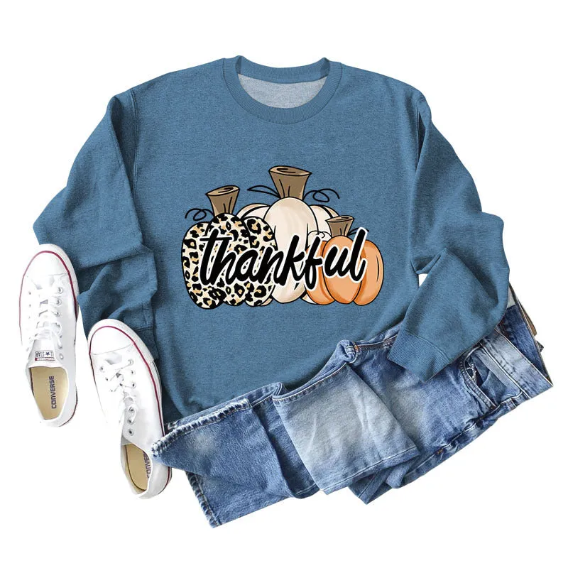 Thankful Pumpkin Leopard Print Letters Halloween Print Round Neck Long Sleeve Women's Sweatshirt