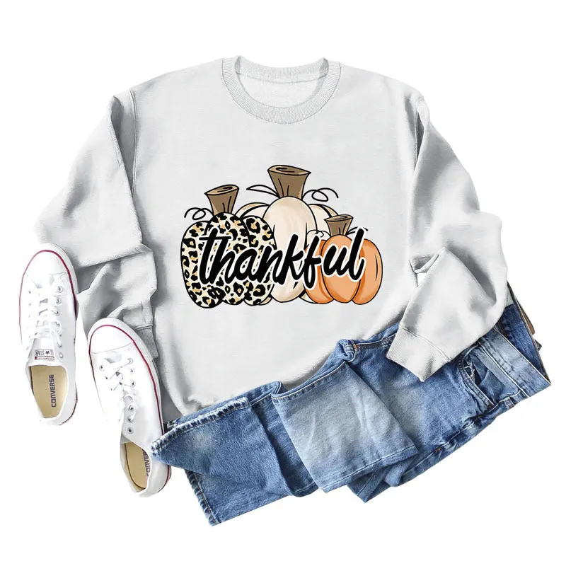 Thankful Pumpkin Leopard Print Letters Halloween Print Round Neck Long Sleeve Women's Sweatshirt