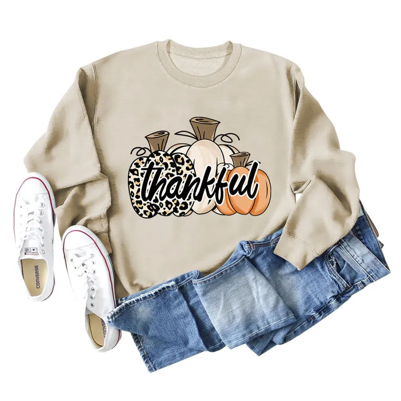 Thankful Pumpkin Leopard Print Letters Halloween Print Round Neck Long Sleeve Women's Sweatshirt