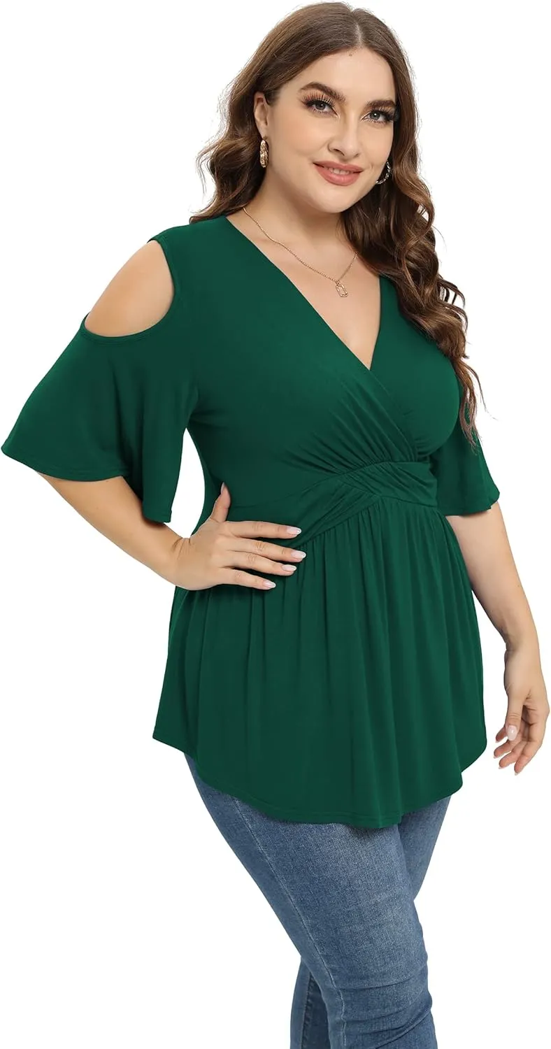 TIANZHU Plus Size Tops for Women Sexy Empire Waist Dressy Short Sleeve Shirts with Cold Shoulder Detail