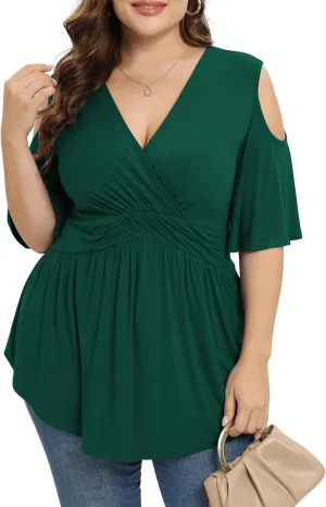 TIANZHU Plus Size Tops for Women Sexy Empire Waist Dressy Short Sleeve Shirts with Cold Shoulder Detail