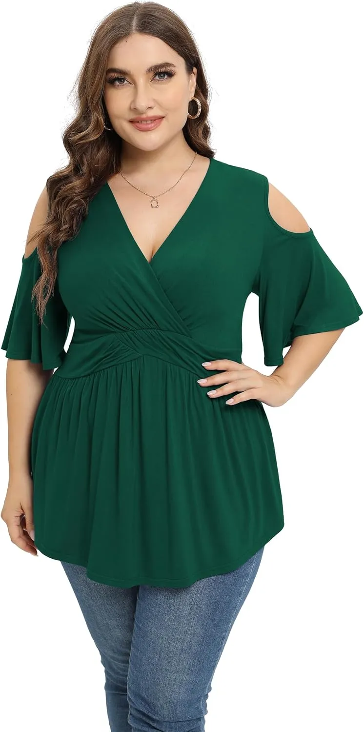 TIANZHU Plus Size Tops for Women Sexy Empire Waist Dressy Short Sleeve Shirts with Cold Shoulder Detail