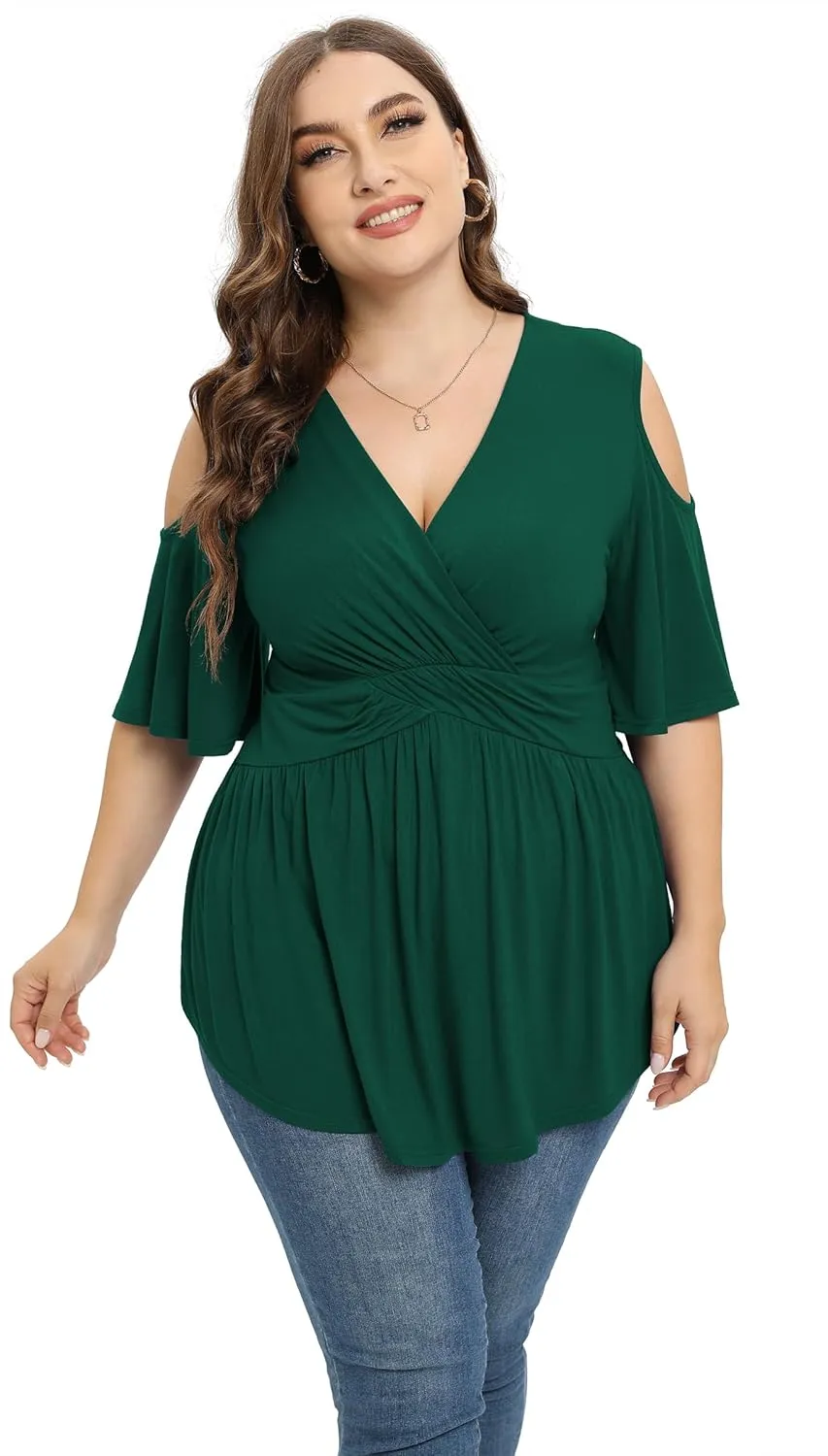 TIANZHU Plus Size Tops for Women Sexy Empire Waist Dressy Short Sleeve Shirts with Cold Shoulder Detail