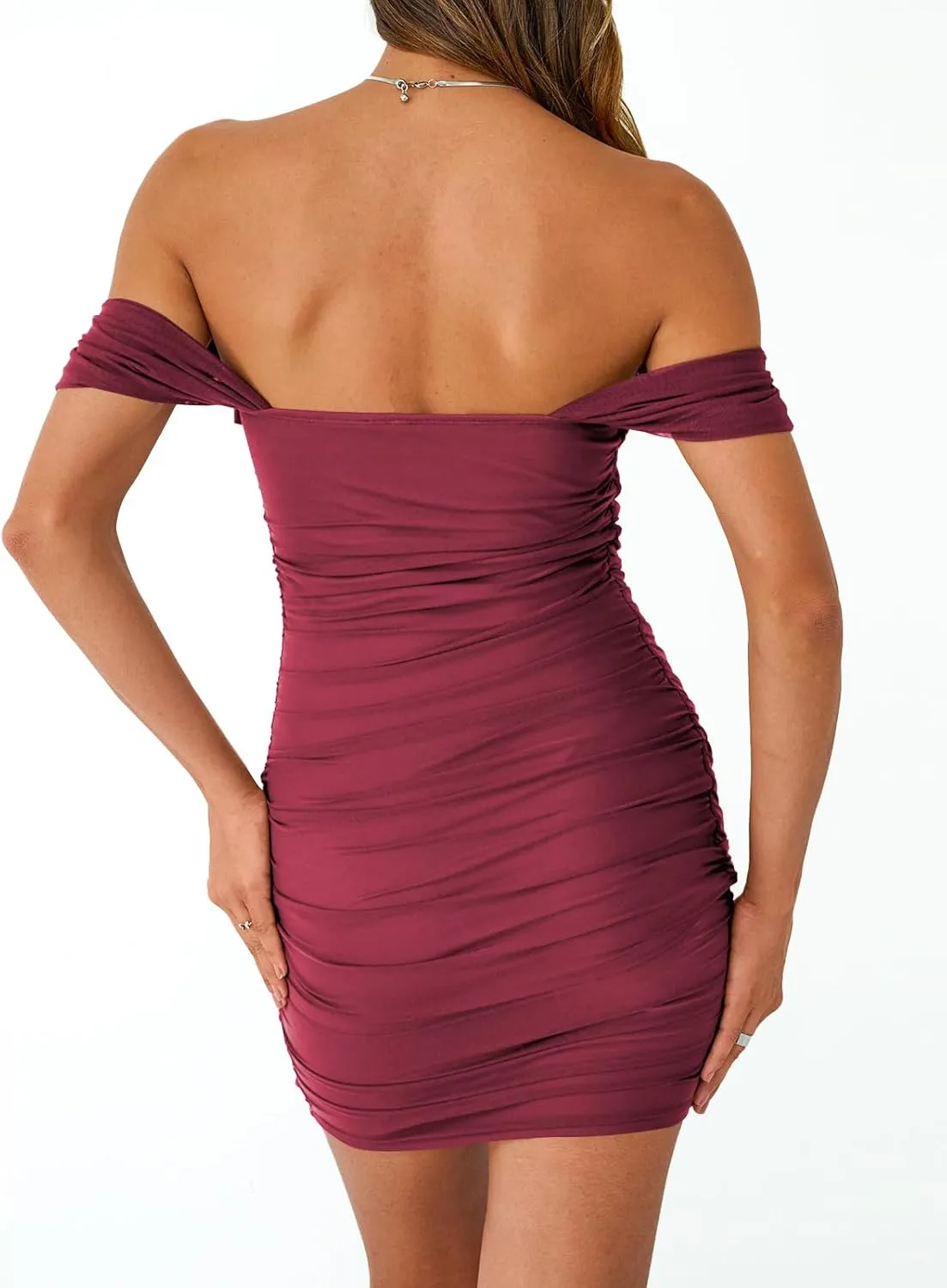 Trendy Queen Womens Mesh Off The Shoulder Ruched Mini Dresses Summer Party Bodycon Short Dress
