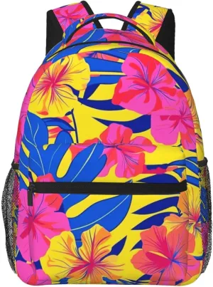 Tropical Hawaiian Neon Palm Leaves Backpack Lightweight Laptop Backpack Casual Daypack Travel Double Shoulder Bag For Women Men