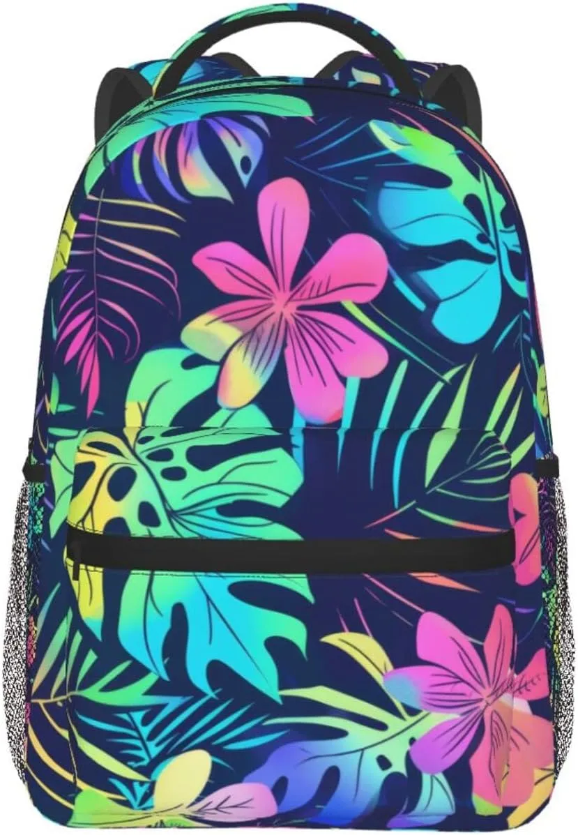 Tropical Hawaiian Neon Palm Leaves Backpack Lightweight Laptop Backpack Casual Daypack Travel Double Shoulder Bag For Women Men