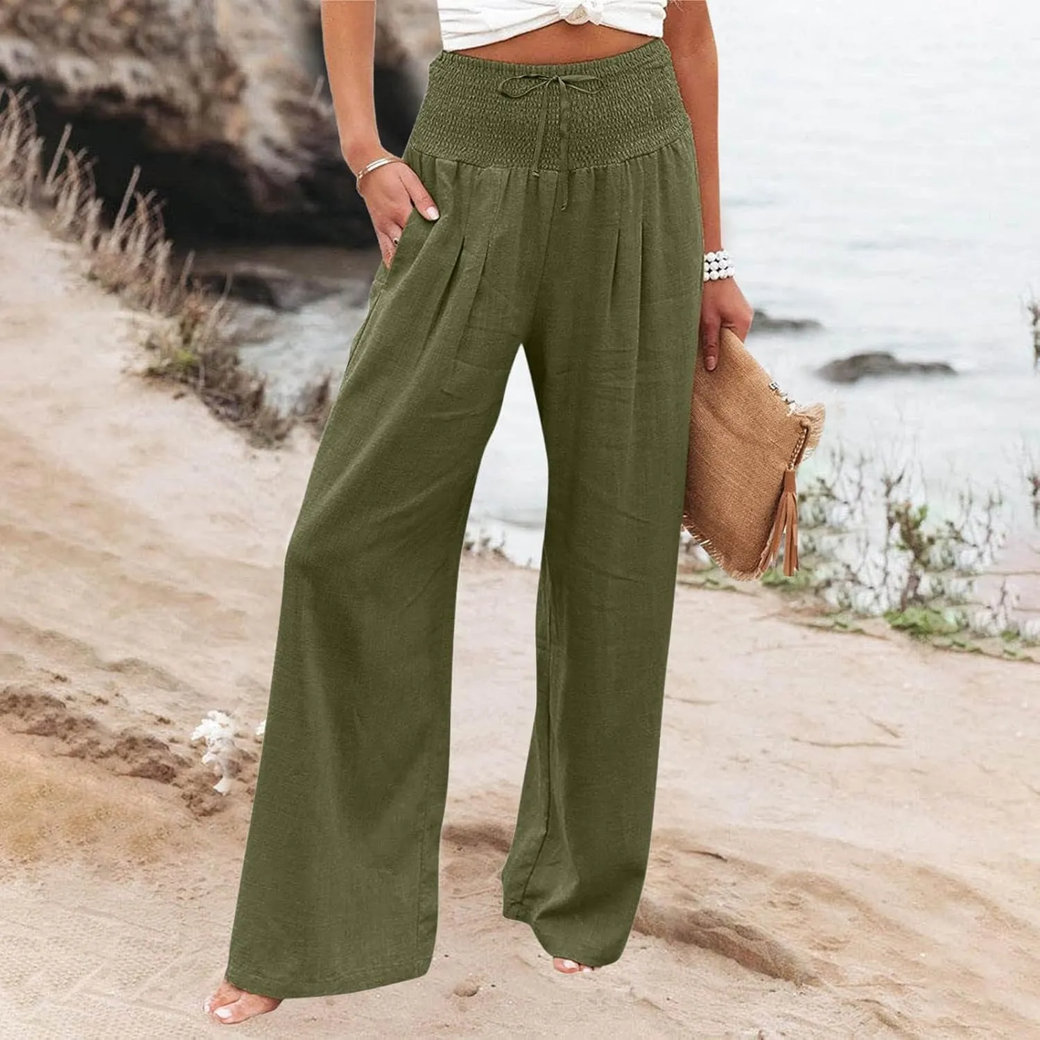 Tummy Control Women High Waisted Lounge Pants Casual Wide Leg Boho Trouser Summer Drawstring Sweatpants with Pocket