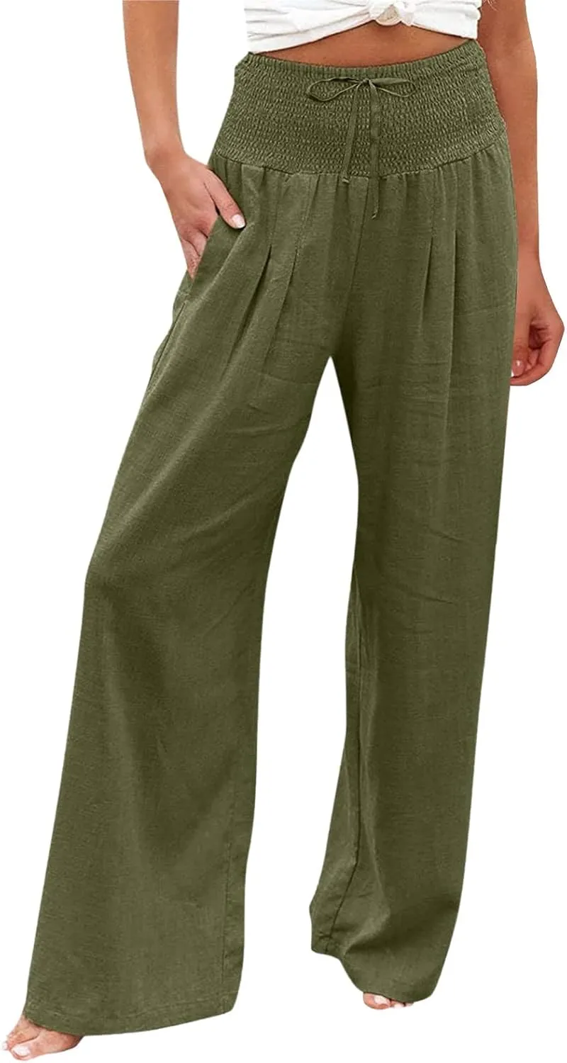 Tummy Control Women High Waisted Lounge Pants Casual Wide Leg Boho Trouser Summer Drawstring Sweatpants with Pocket