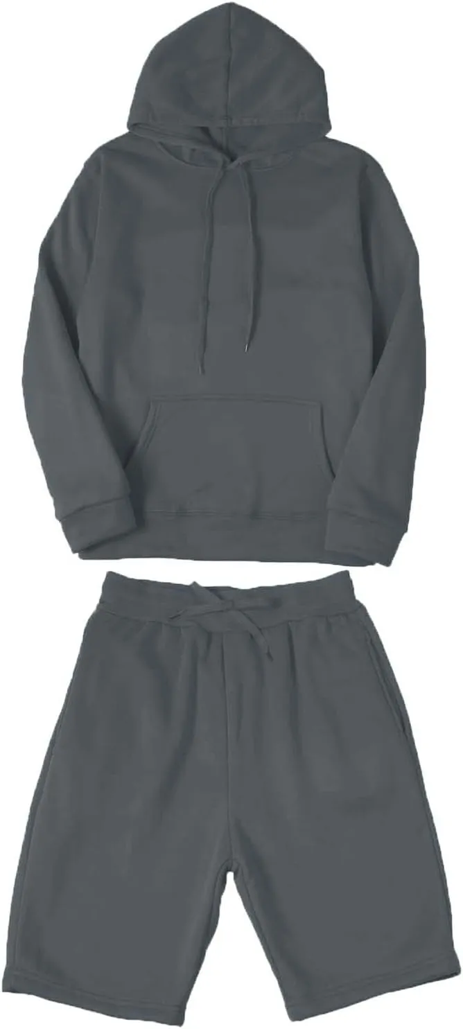Unisex 2 Piece Sweatsuit for Men Women Oversized Solid Long Sleeve Hoodie Pullover Shorts Tracksuit Jogger Sweatpants