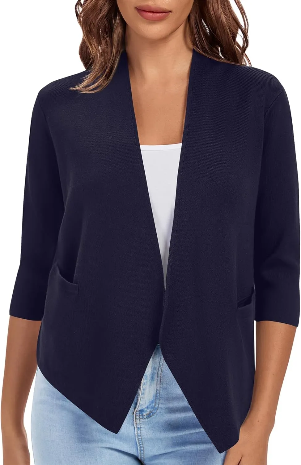 Urban CoCo Women's 3/4 Sleeve Cropped Open Front Cardigan Knit Lightweight V Neck Knit Bolero Shrugs with Pockets
