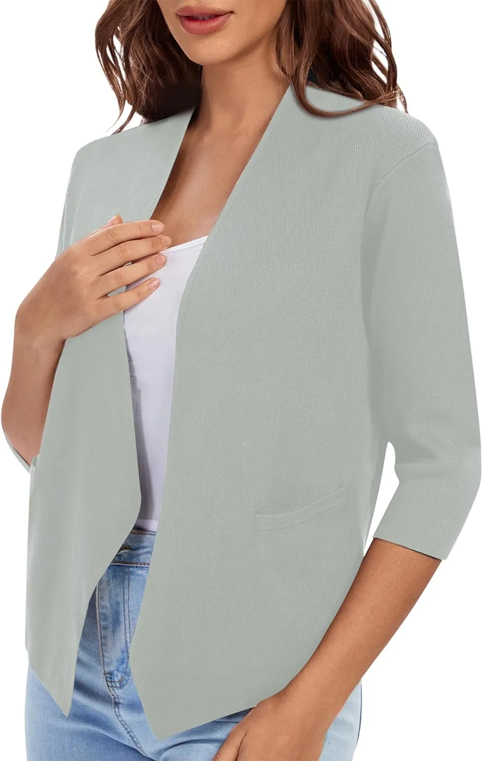 Urban CoCo Women's 3/4 Sleeve Cropped Open Front Cardigan Knit Lightweight V Neck Knit Bolero Shrugs with Pockets