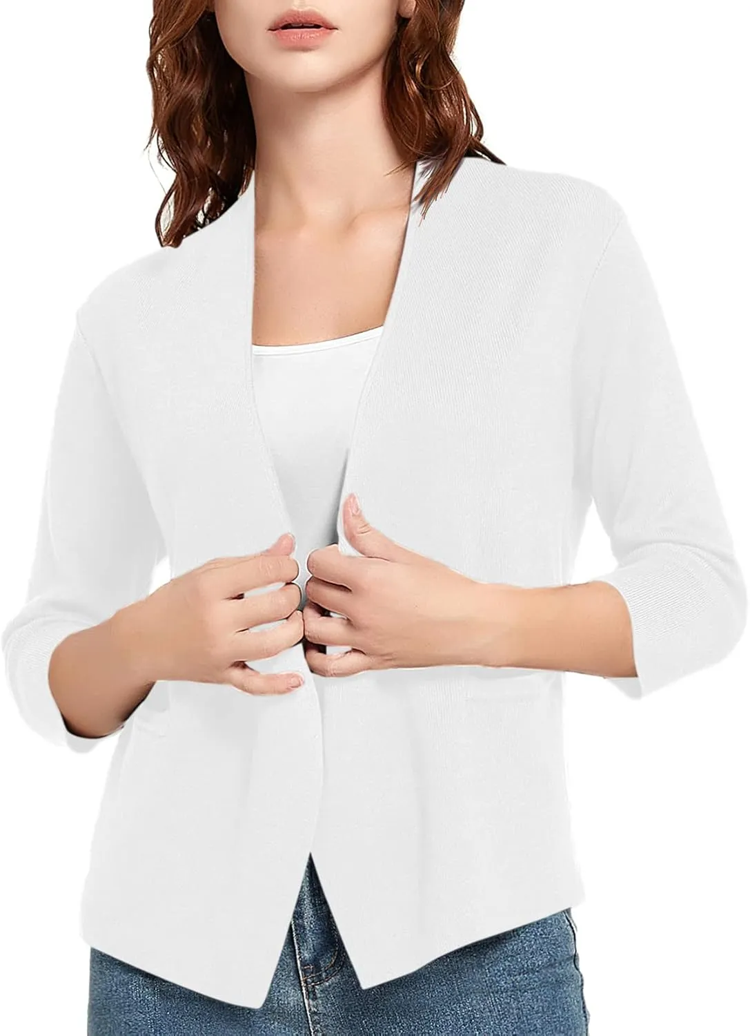 Urban CoCo Women's 3/4 Sleeve Cropped Open Front Cardigan Knit Lightweight V Neck Knit Bolero Shrugs with Pockets