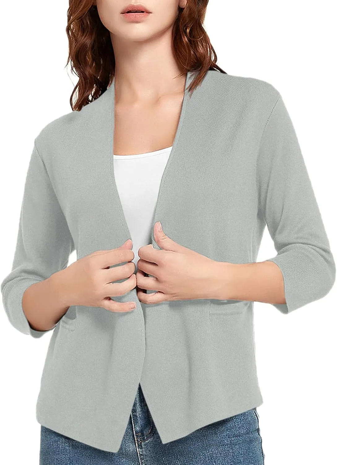 Urban CoCo Women's 3/4 Sleeve Cropped Open Front Cardigan Knit Lightweight V Neck Knit Bolero Shrugs with Pockets