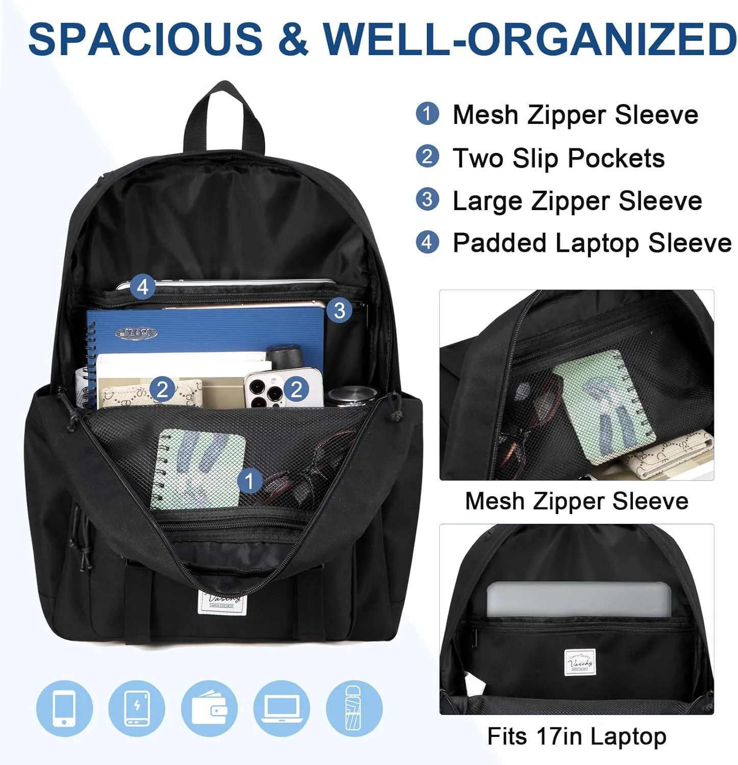 VASCHY Backpack for Men, Unisex Large Fashion Schoolbag Book bag Rucksack for High School/College/Work/Travel/Commuter Black