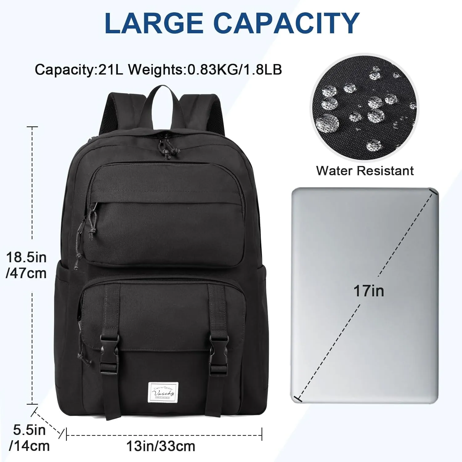 VASCHY Backpack for Men, Unisex Large Fashion Schoolbag Book bag Rucksack for High School/College/Work/Travel/Commuter Black