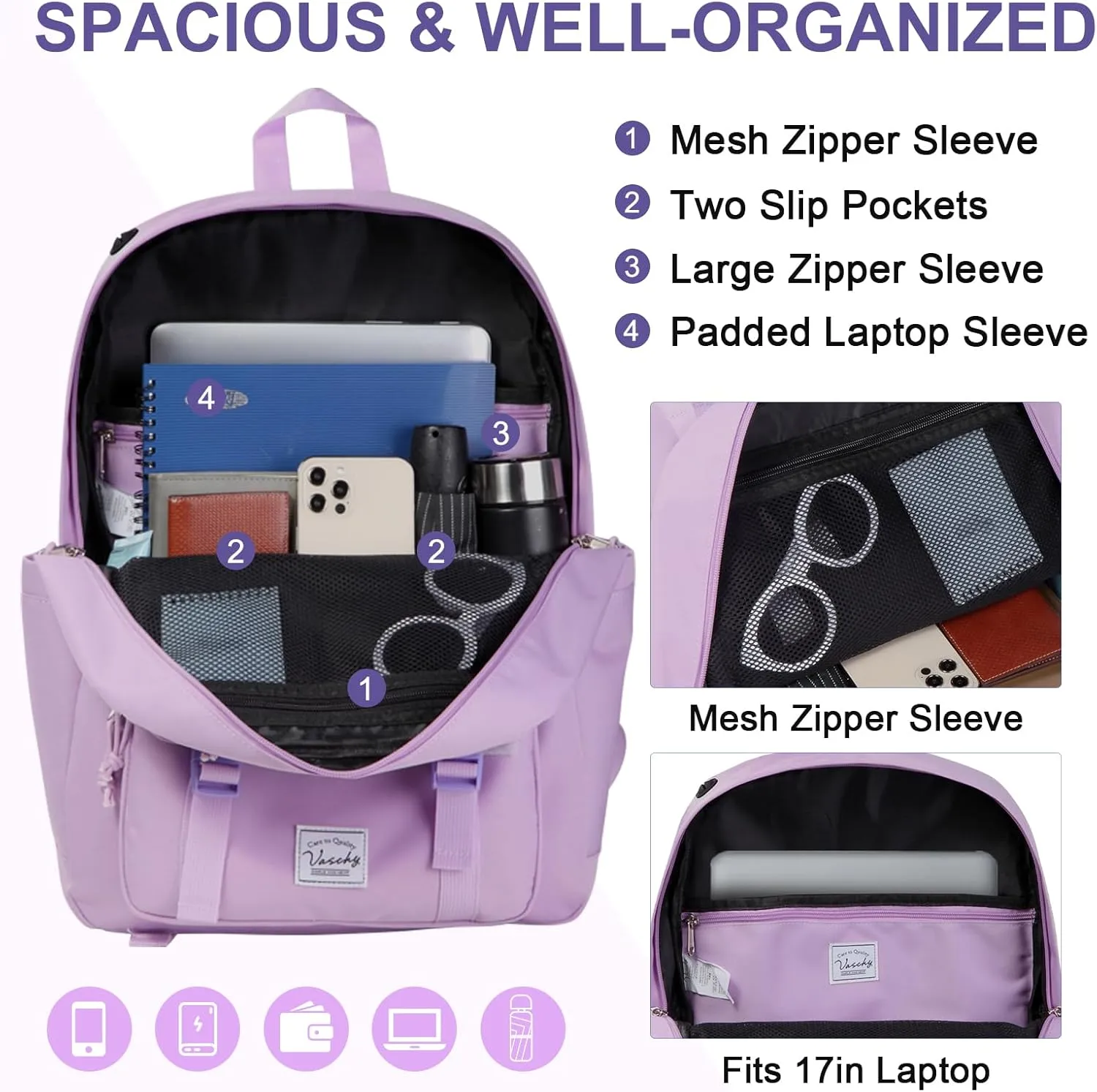 VASCHY Travel Backpack for Girls, Large Fashion Schoolbag Book Bag Rucksack for High School/College/Work/Daypack/Commuter Purple