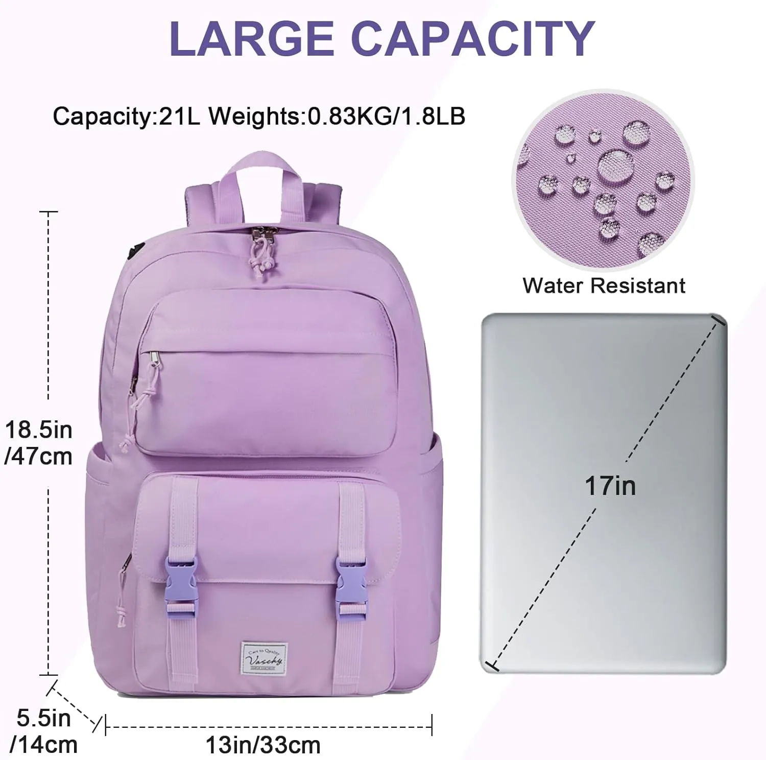 VASCHY Travel Backpack for Girls, Large Fashion Schoolbag Book Bag Rucksack for High School/College/Work/Daypack/Commuter Purple