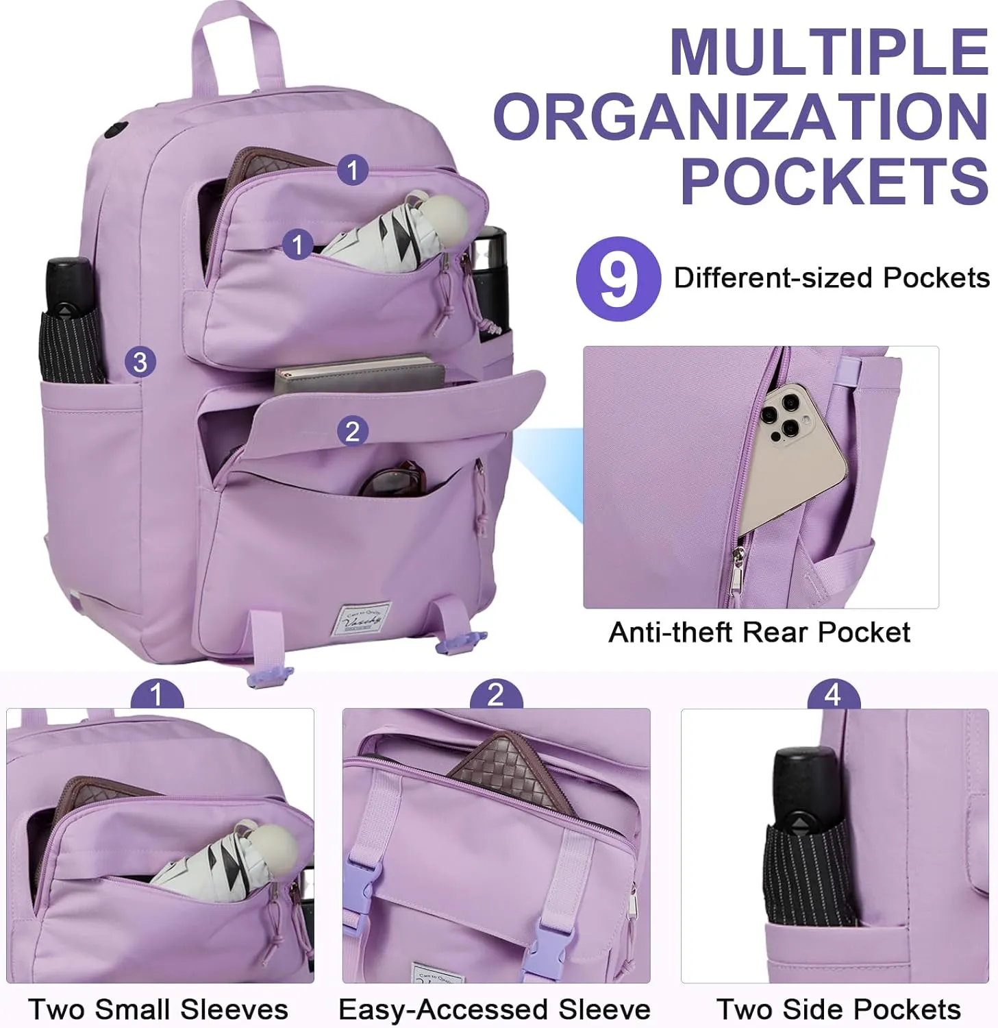 VASCHY Travel Backpack for Girls, Large Fashion Schoolbag Book Bag Rucksack for High School/College/Work/Daypack/Commuter Purple