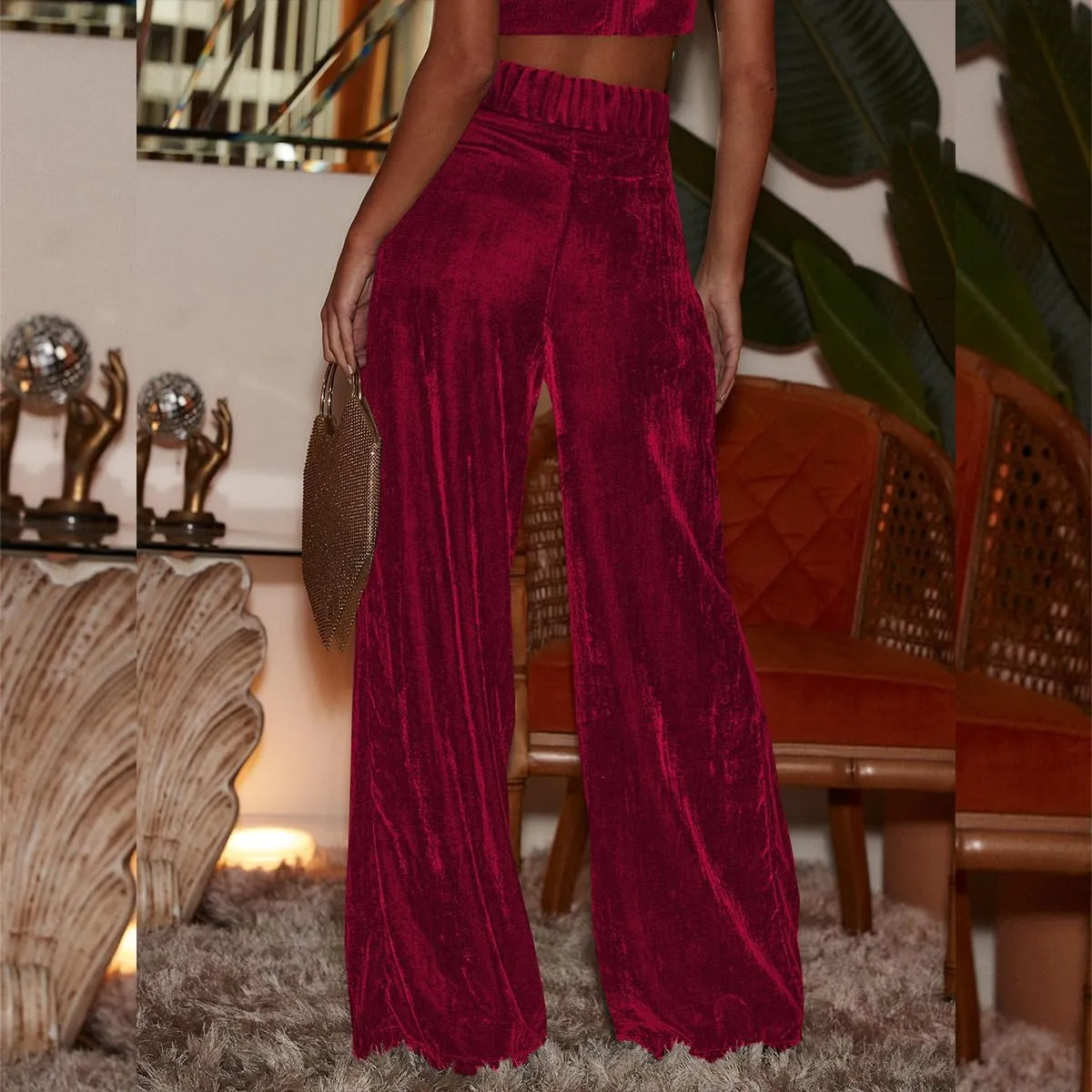 Velvet Pants for Women High Waist Loose Wide Leg Pants Casual Office Velour Long Trousers with Pockets