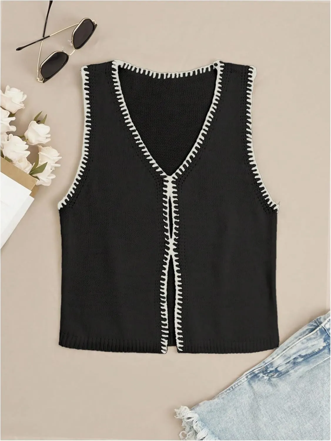 Verdusa Women's Cut Out Sweater Vest V Neck Sleeveless Knitted Vest Tops