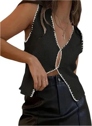 Verdusa Women's Cut Out Sweater Vest V Neck Sleeveless Knitted Vest Tops