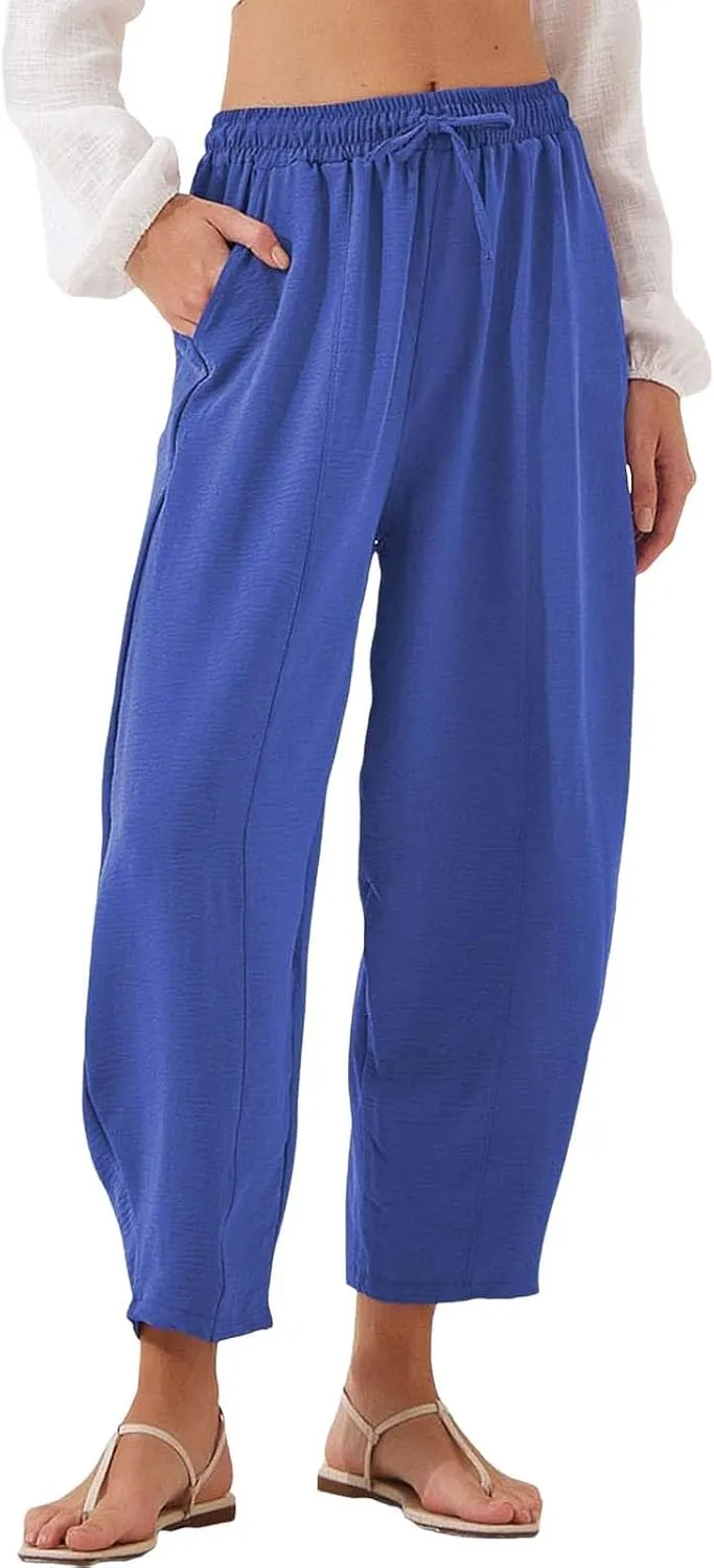 Wide Leg Harem Pants for Women Cotton Linen Casual High Waisted Trousers with Pockets Loose Fit Beach Palazzo Pants