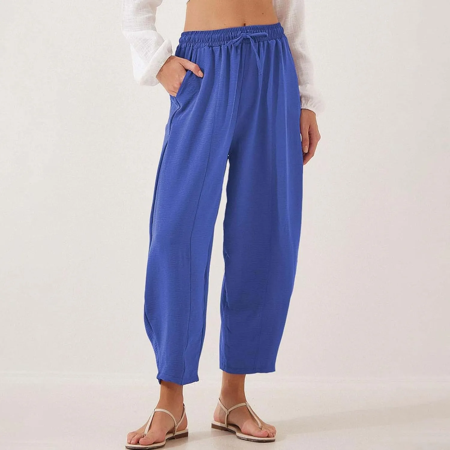 Wide Leg Harem Pants for Women Cotton Linen Casual High Waisted Trousers with Pockets Loose Fit Beach Palazzo Pants