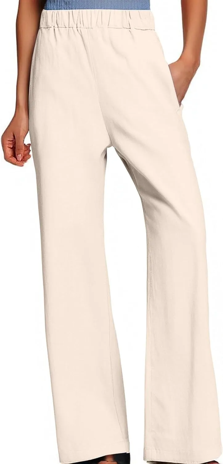 Wide Leg Linen Pants for Women Casual Summer Elastic High Waisted Palazzo Pants Flowy Cropped Trousers with Pockets