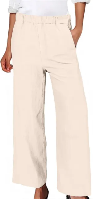 Wide Leg Linen Pants for Women Casual Summer Elastic High Waisted Palazzo Pants Flowy Cropped Trousers with Pockets