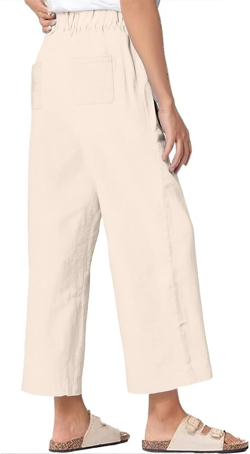 Wide Leg Linen Pants for Women Casual Summer Elastic High Waisted Palazzo Pants Flowy Cropped Trousers with Pockets