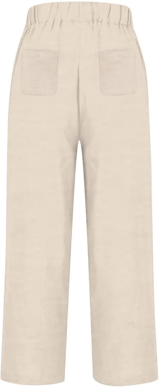 Wide Leg Linen Pants for Women Casual Summer Elastic High Waisted Palazzo Pants Flowy Cropped Trousers with Pockets
