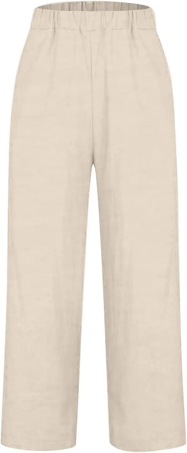 Wide Leg Linen Pants for Women Casual Summer Elastic High Waisted Palazzo Pants Flowy Cropped Trousers with Pockets