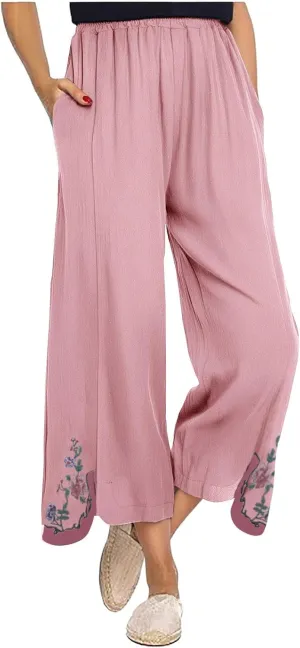 Wide Leg Linen Pants for Women Vintage Floral Embroidered Cropped Trousers High Elastic Waist Summer Beach Pants