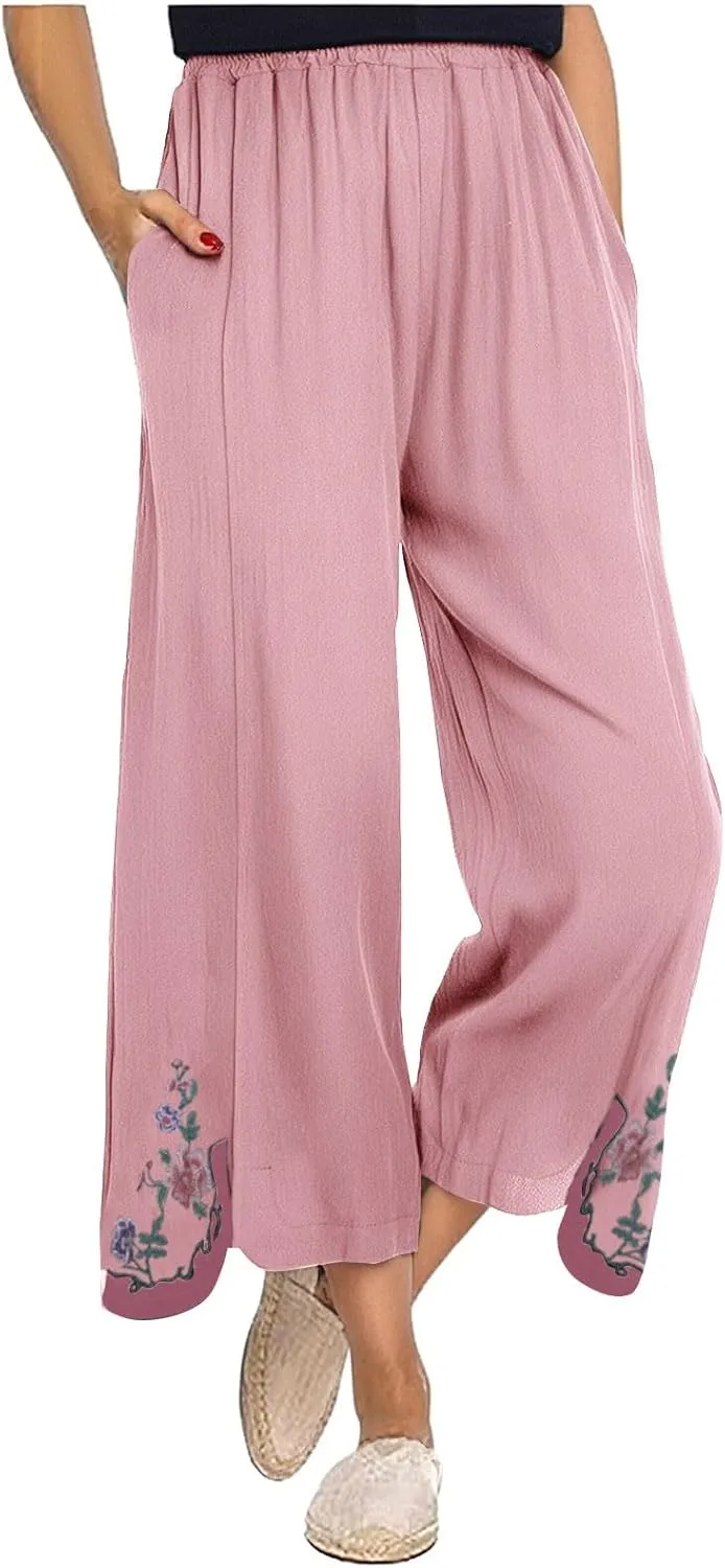 Wide Leg Linen Pants for Women Vintage Floral Embroidered Cropped Trousers High Elastic Waist Summer Beach Pants