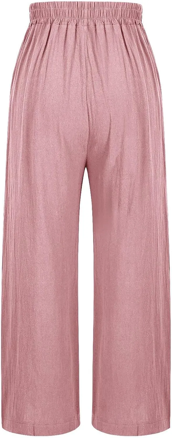 Wide Leg Linen Pants for Women Vintage Floral Embroidered Cropped Trousers High Elastic Waist Summer Beach Pants