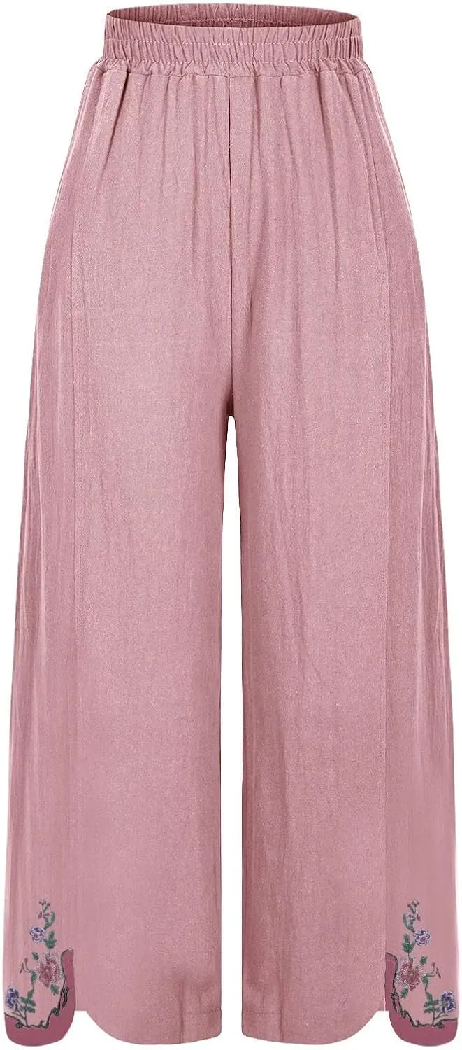 Wide Leg Linen Pants for Women Vintage Floral Embroidered Cropped Trousers High Elastic Waist Summer Beach Pants