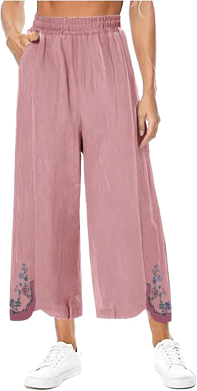 Wide Leg Linen Pants for Women Vintage Floral Embroidered Cropped Trousers High Elastic Waist Summer Beach Pants